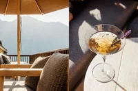 Sunny terrace with comfortable seating and a cocktail.