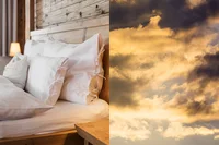 Cozy bed and sunset view from a hotel room in Switzerland.